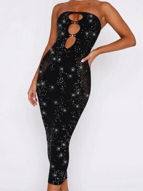 White Fox Boutique Black Strapless Sheer Embellished Jumpsuit